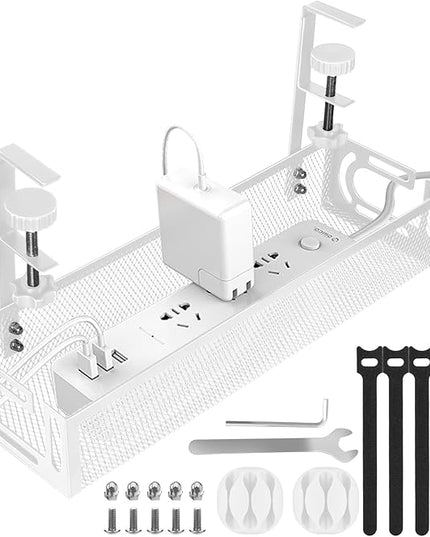 Under Desk Cable Management Tray, Cable Management Under Desk No Drill, Wire Management Tray with Clamp, Cord Organizer for Home Office, White