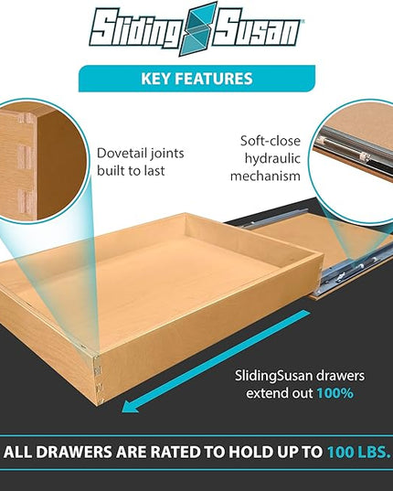 SlidingSusan Pull Out Drawer Organizer for Cabinets, Gliding Soft Close Shelves for Kitchen, Pantry, Bathroom, & Storage Organization, 9 Ply Baltic Birch, 18 Inch Wide x 21 Inch Deep