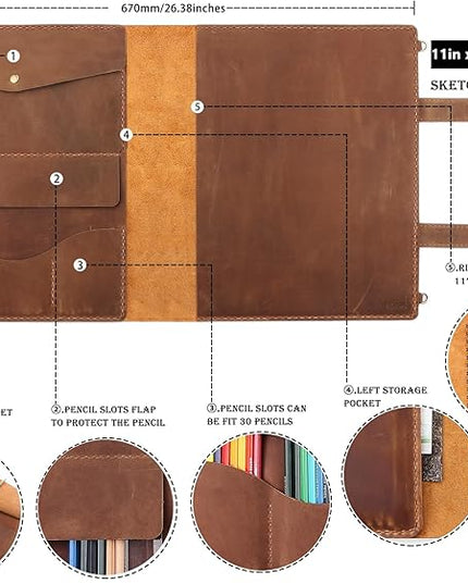 Robrasim Handmade Leather Sketchbook Cover, Artist Sketch Pad Holder for 11"X14" Sketchbook, Drawing Book and Pencil Case, Journal Notebook Portfolio with Shoulder Strap, Artist Gifts, Brown