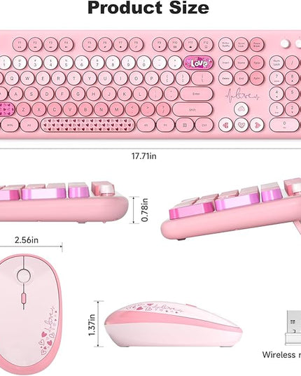 MOFII Wireless Keyboard and Mouse Combo, Full Size 2.4G Plug and Play Typewriter Retro Round Computer Keyboard and Mouse Set for Windows, Computer, Desktop, PC, Notebook - (Pink Colorful)