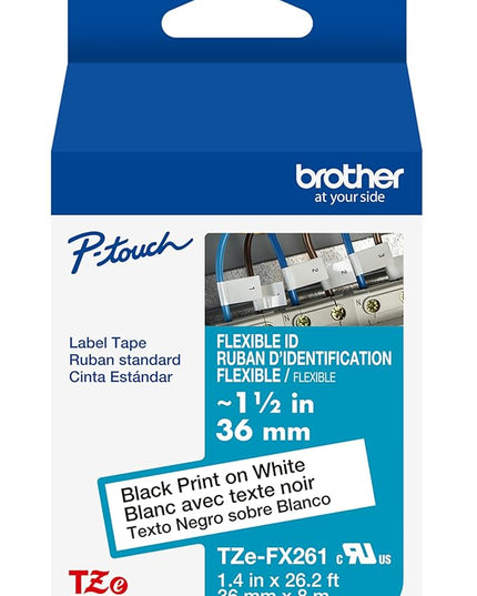 Brother Genuine P-touch TZe, Black Print on White, Flexible ID Laminated Label Tapes (TZeFX261), ~1-1/2in x 26.2ft (36mm x 8m) for Select P-touch Label Makers, Durable, For Cable Wrap, Water-Resistant