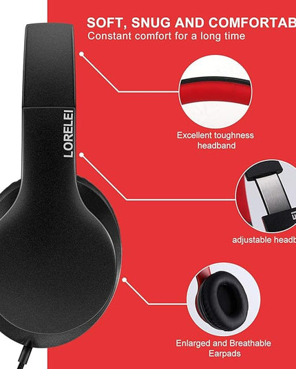 LORELEI X6 Over-Ear Headphones with Microphone, Lightweight Foldable & Portable Stereo Bass Headphones with 1.45M No-Tangle,Wired Headphones for Smartphone Tablet MP3 / 4 (Black-Red)