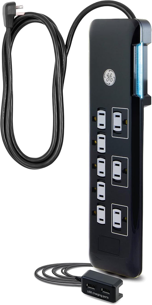GE UltraPro 8 Outlet Surge Protector with USB Charging Dock, 2 USB Ports, 2160 Joules, 4' Cord, Black, 34117
