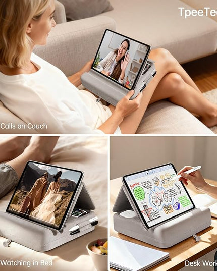 TpeeTeek Tablet Pillow Stand with Storage, Foldable iPad Holder for Lep, Bed, Sofa, and Desk - Soft Pad Dock with Pocket and Stylus Mount Compatible with 4-13" iPad Pro/Air/Mini, Galaxy Tab, Kindle