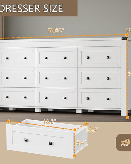 BORNOON 9-Drawer Dresser, Modern Wooden Storage Chest of Drawers, Dresser TV Stand, Wood Drawer Organizer with Metal Handles for Bedroom, Living Room, Hallway