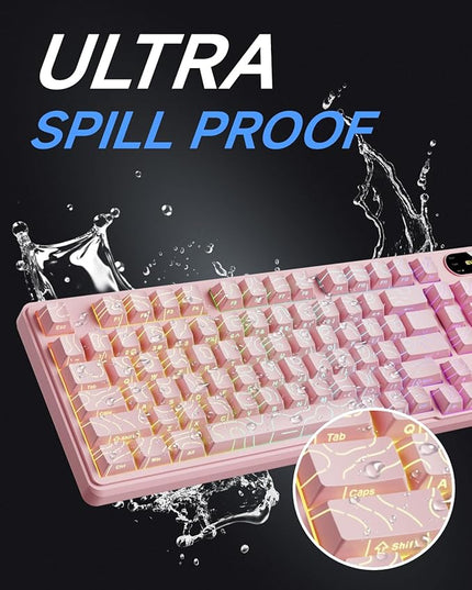V102 Wired Keyboard, 98 Keys Creamy Gaming Keyboard with Number Pad, Display Screen & Media Knob RGB Silent Wired Cute Computer Keyboard for Laptop PC Gamer - Light Pink