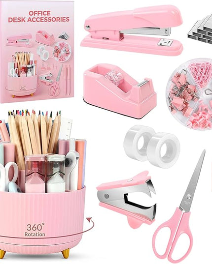 SKYDUE Pink Office Supplies Set, Pencil Holder for Desk,Gel Pen, Stapler, Tape Dispenser, Scissors,Clips and 1000pcs Staples, Office Decor for Women, Pink Desk Accessories