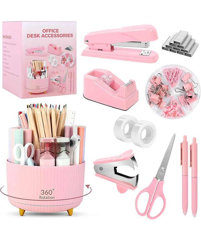 SKYDUE Pink Office Supplies Set, Pencil Holder for Desk,Gel Pen, Stapler, Tape Dispenser, Scissors,Clips and 1000pcs Staples, Office Decor for Women, Pink Desk Accessories