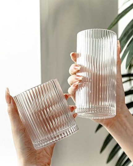 Set of 8 Ribbed Glassware, 4 Large Glasses 13 oz, 4 Rocks Glass Cups 10 oz