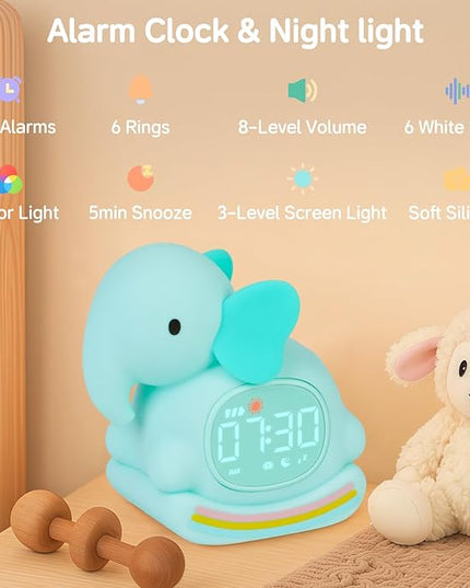 Alarm Clock for Kids with Night Light, Sleep Training Clock Time to Wake Clock, Rechargeable Silicone Light for Bedroom, Perfect Sleep Companion for Boys Girls, Green Elephant