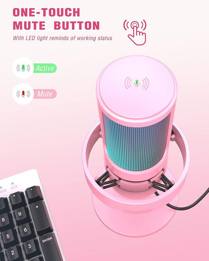 FIFINE USB Streaming Gaming Microphone, PC Condenser Desktop Mic for Video, Home use, YouTube, with RGB Control, Gain Knob, 3.5mm Headphone Jack, Shock Mount, on Computer/PS5-AmpliGame A8 Pink