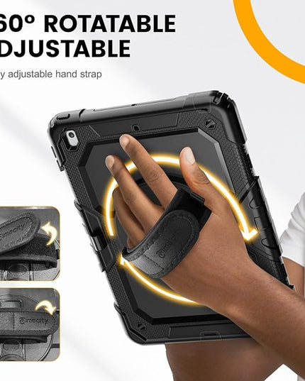 Timecity Case for iPad 9th/ 8th/ 7th Generation 10.2 inch - Heavy Duty Protective Cover with Screen Protector, Rotating Stand, Shoulder Strap & Pencil Holder | Kids-Friendly (Black)