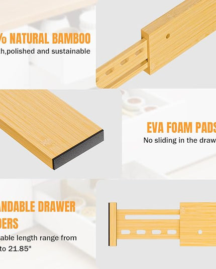 Bamboo Drawer Dividers 4" High, 16.5-22" Adjustable Drawer Organizers for Clothes,Expandable Dresser Separators in Bedroom/Kitchen/Bathroom/Office Organization and Storage,4 Pack