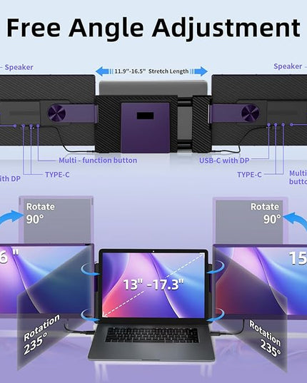 BKVOO 15.6" Laptop Screen Extender Monitor - Detachable Triple Monitor FHD 1080P IPS 120% sRGB 235° Rotation Travel Extra Screen Compatible with Wins Mac Chrome Dex Fits 13-17" Laptop