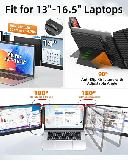 ZUMWALT Laptop Screen Extender, 14" Triple Portable Monitor for Laptop, 1080P FHD Screen Extender Monitors for 13"-16.5", Monitor Extender for MacOS/Windows/Chrome (Built-in Speakers)