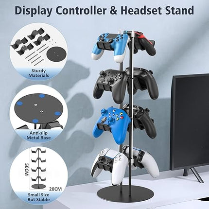 Kytok Controller Stand 4 Tiers with Cable Organizer for Desk, Universal Headphone Stand Compatible with Xbox PS5 PS4 Console Nintendo Switch, Headset Holder & Desk Mounts for 8 Packs Controller