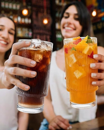 Ribbed Drinking Glasses Set of 4, Stackable Cute Kitchen Glasses Cups 16oz and 7oz Iced Coffee Glasses cocktail Glass cup for Water, Beverage, Whiskey