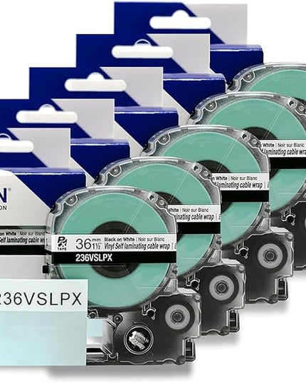 Epson LABELWORKS 236VSLPX-5PK Genuine Tape Cartridge - 5 Pack of Black on White Durable Vinyl Self Laminating Overwrap Industrial Label Maker Tape - 1.5" (36MM) Wide, 26.2 ft - 5 Pack