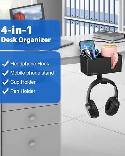ROSLINE 3-in-1 Clip-on Desk Organizer - Pen, Headphone, and Cup Holder for Expanding Office and Gaming Space (Black)