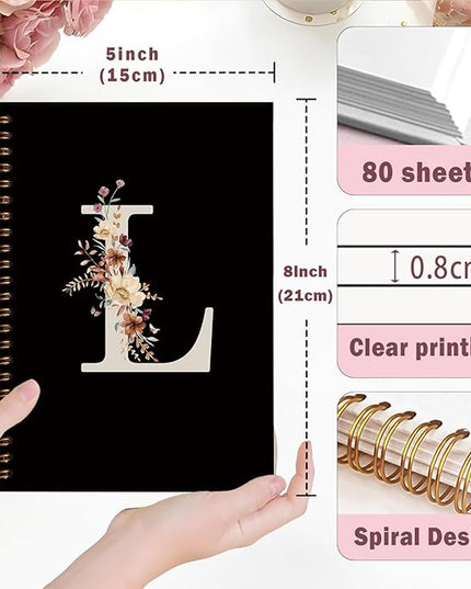 Lacama Cute Initial Letter L School Notebook Journal, Aesthetic Wildflower Personalized Black Spiral Notebook, School Supplies, Customized Monogrammed Gifts, Birthday Gifts for Women, Office Supplies