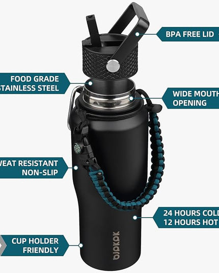 BJPKPK Insulated Water Bottles with Straw Lid, 23oz Metal Water Bottle with 2 lids & Paracord Strap, Double Wall Stainless Steel Vacuum Tumblers, Cups, Mugs, Thermo for Hot& Cold Drinks, Black