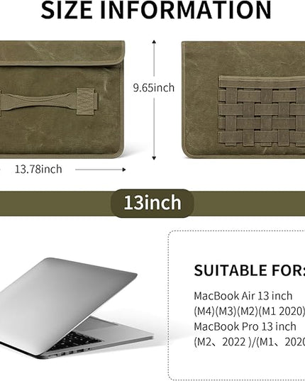 Eco-Friendly Laptop Sleeve 13 Inch Compatible with MacBook Air 13 M4 M3 M2 M1(2025-2018)＆MacBook Pro 13 M2 M1(2025-2016), Military Retro-Style Protective Cover for 13-13.3 Inch,Army Green