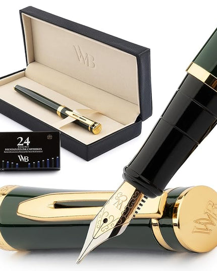 Wordsworth & Black Fountain Pen Set, 18K Gilded Medium Nib, Includes 24 Pack Ink Cartridges, Ink Refill Converter & Gift Box, Gold Finish, Calligraphy, [Racing Green], Perfect for Men & Women