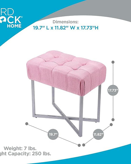 BIRDROCK HOME Rectangular Tufted Foot Stool Ottoman with Soft Padded Cushion - Versatile Vanity Chair for Bedroom, Living Room, Bathroom - Compact Seating for Adults - Pink with Silver Metal Legs