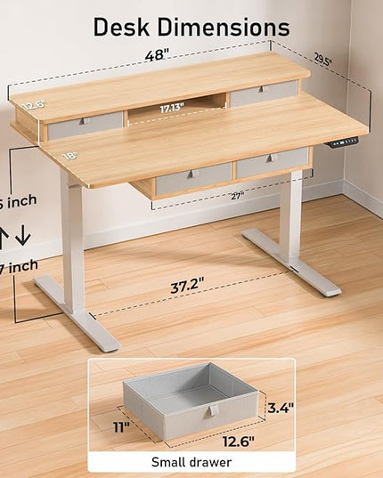 48 * 30 Inches Electric Standing Widened Desk Adjustable Height with 4 Drawers, Double Storage Shelves, Home Office Workstation Sit Stand up Desk (Nature)