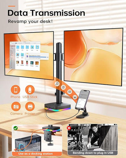RGB Dual Monitor Desk Mount, Monitor Stand with 3 USB Ports, Charging and USB Data Transfer Function, Adjustable Arms for 13"-27" Monitors up to 17.6lbs, VESA 75x75mm 100x100mm, Ergonomic Design