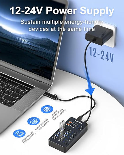 Powered USB Hub,14 Ports USB Data Hub Splitter with 6 USB 3.0 Port,4 Charging Port,1 USB-C 3.0 Data Port,1 PD 60W Charging Port w LED Individual On/Off Switches for MacBook,Mac Pro,Laptop/PC
