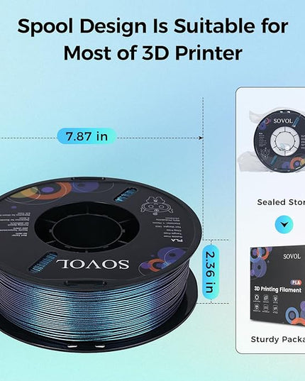 Sovol Silk PLA Filament with Blue Glitter 1kg 1.75mm, Color Changeable 3D Printer Filament 2.2lbs, Chameleon Shiny PLA Material +/-0.03mm, Shimmering 3D Printing Filament, Galaxy Blue