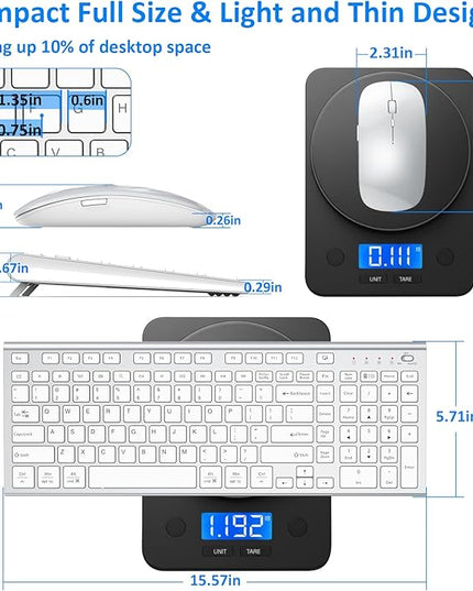 Wireless Keyboard and Mouse, GALENMORO Silent Quiet Combo Low Profile USB C Full Size Compact with Number Pad Flat Soft Touch Cordless for Mac Computer PC Laptop Macbook iMac Office - White and Silver
