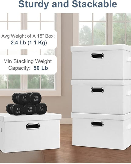Medium 15" 21 Quart Collapsible Stackable Storage Bins with Lids, 3 Packs White Foldable Fabric Closet Boxes Heavy-duty Linen Cube Baskets Container for Bedroom Office (15 x 11 x 8)