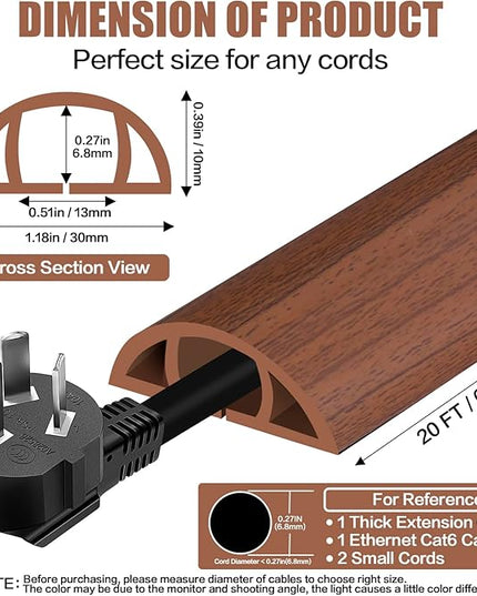 Floor Cord Cover Self Adhesive Cord Hider,20FT Cable Management, Extension Strip Protector for Wires, Prevent Cable Trips for Offices, Gyms, Exhibitions Cavity:0.39"(W) x0.27(H) Wood Red Teak