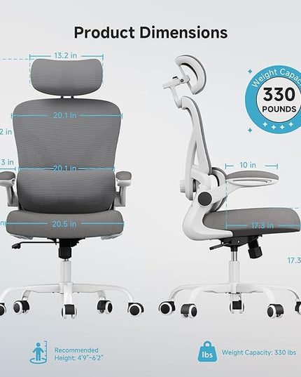 Ergonomic Office Chair, 330LBS Desk Chair with 3-Level Lumbar Support & Headrest, Breathable Mesh Backrest, Flip-Up Armrests for Home Office and Gaming, White and Gray
