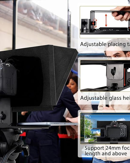12" Professional Teleprompter Featuring Tempered Optical Glass, Durable All-Metal Build, Remote Control, and Dedicated App — Compatible with Various Smartphones, Tablets, and Cameras