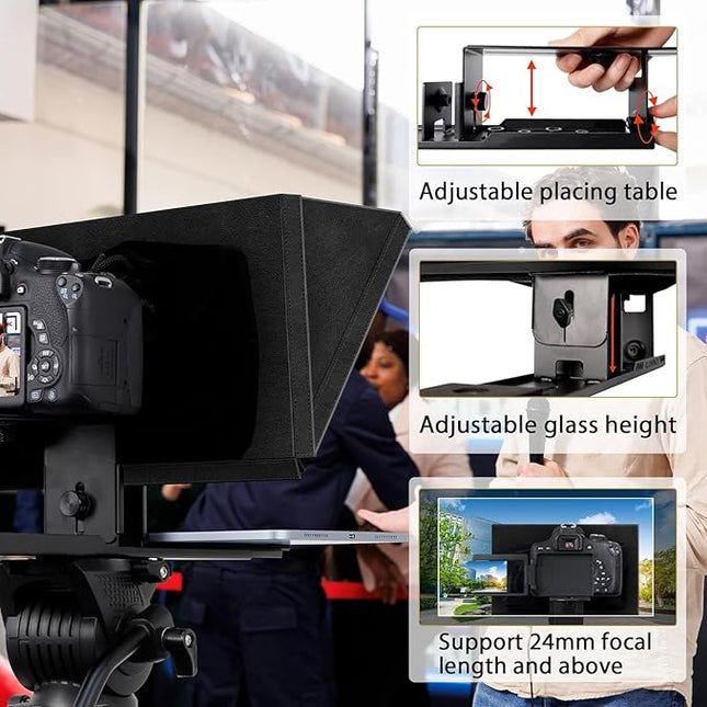 12" Professional Teleprompter Featuring Tempered Optical Glass, Durable All-Metal Build, Remote Control, and Dedicated App — Compatible with Various Smartphones, Tablets, and Cameras
