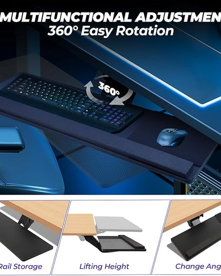FAHKNS Keyboard Tray Under Desk，Multi-Function Keyboard Tray Adjustable with Mouse Pad & Wrist Rest，Ergonomic Large Size Keypad Tray Holder， Suitable for Office/Game/Home