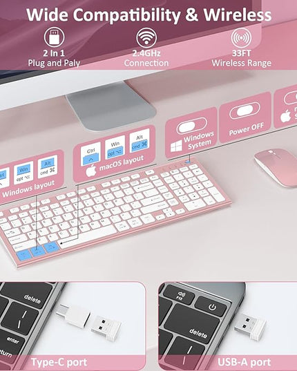 Wireless Keyboard and Mouse, GALENMORO Silent Quiet Combo Low Profile USB C Full Size Compact with Number Pad Flat Soft Touch Cordless for Mac Computer PC Laptop MacBook iMac Office - Pink Rose Gold