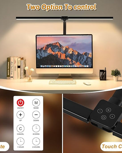 LED Desk Lamp for Office Dorm Home - Eye Caring Desk Light with Timer, Remote Control 24W Brightest Dual Screen Computer Monitor Gooseneck Dimmable Table lamp with Anti-Glare Cover Base