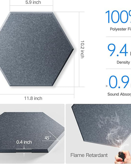 16 Pack Self-Adhesive Acoustic Panels 12" X 10" X 0.4" - Sound Proof Foam Panels for Wall with High Density, Hexagon Design, Flame Resistant, Absorb Noise and Eliminate Echoes(Gray)