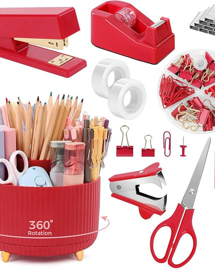 SKYDUE Red Office Supplies Set, Pencil Holder for Desk, Stapler, Tape Dispenser, Scissors,Clips and 1000pcs Staples, Office Decor for Women, Red Desk Accessories