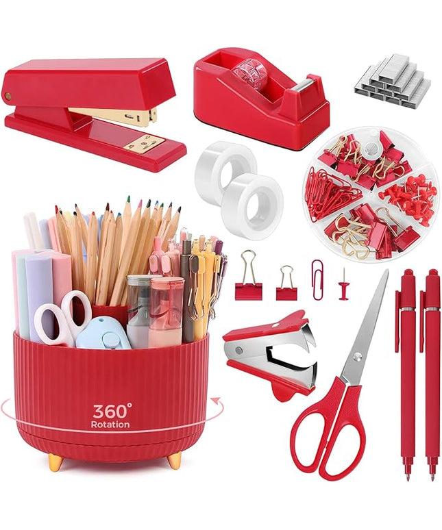 SKYDUE Red Office Supplies Set, Pencil Holder for Desk, Stapler, Tape Dispenser, Scissors,Clips and 1000pcs Staples, Office Decor for Women, Red Desk Accessories