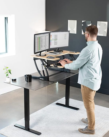 VIVO 36 inch Height Adjustable Stand Up Desk Converter, V Series, Quick Sit to Stand Tabletop Dual Monitor Riser Workstation, Light Wood Top, Black Frame, DESK-V000VO