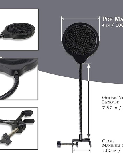 YOUSHARES Pop Filter - 4 Inch 3 Layers Metal Windscreen with Flexible 360° Gooseneck Clip Mic Mask Shield Compatible with Shure MV7 Mic