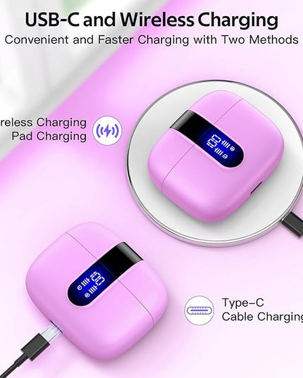 TAGRY 2 Sets X08 Purple and Sunset Pink Bluetooth Headphones True Wireless Earbuds 60H Playback Ear Buds with Wireless Charging Case in-Ear Earbuds with Mic