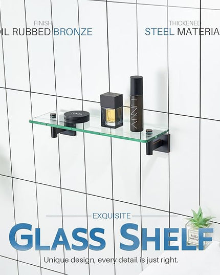 KOKOSIRI Wall Shelves Bathroom Hardware Glass Floating Shelf 16-Inch for Bedroom, Living Room, Kitchen, Hanging Rack Oil Rubbed Bronze B1105ORB-L16