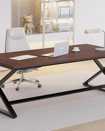 IBF Large Computer Desk, 70.8” Long Home Office Desk for Writing, Modern Simple Executive Work Desk for Study, Wood Metal Double PC Gaming Workstation Computer Table for Bedroom, Walnut, 70 inch
