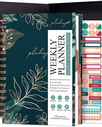 PLANBERRY Hourly Schedule Planner Premium – Undated Weekly Organizer with Time Slots & Monthly Budget – Time Management, Goal Setting, to-Do List & Habit Tracker –6.9″x8.5″(Green Pastures)